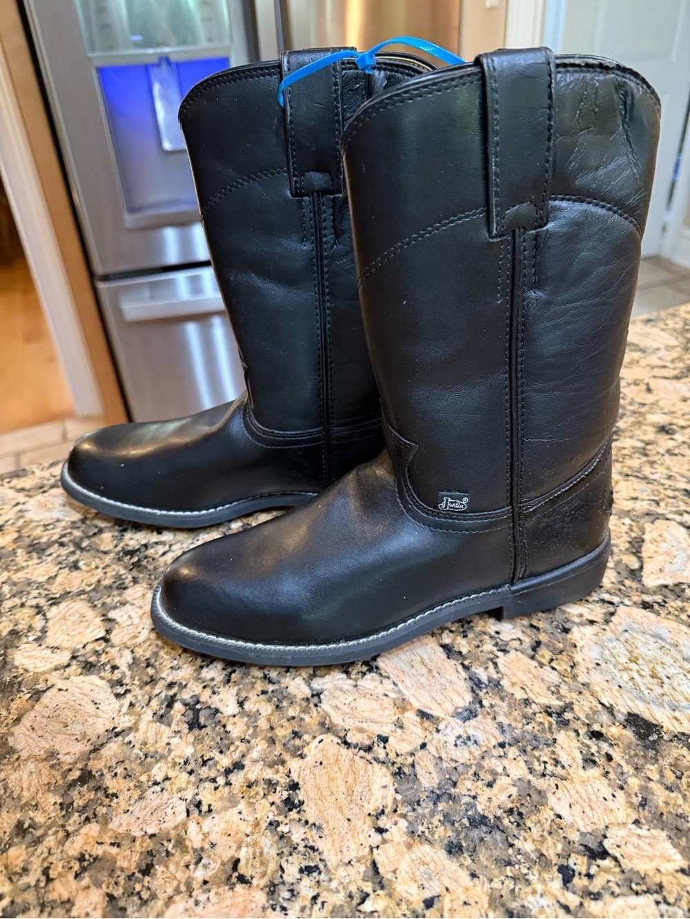 Justin Boots Black Leather kids size 5 unisex Cowboy Roper Boots